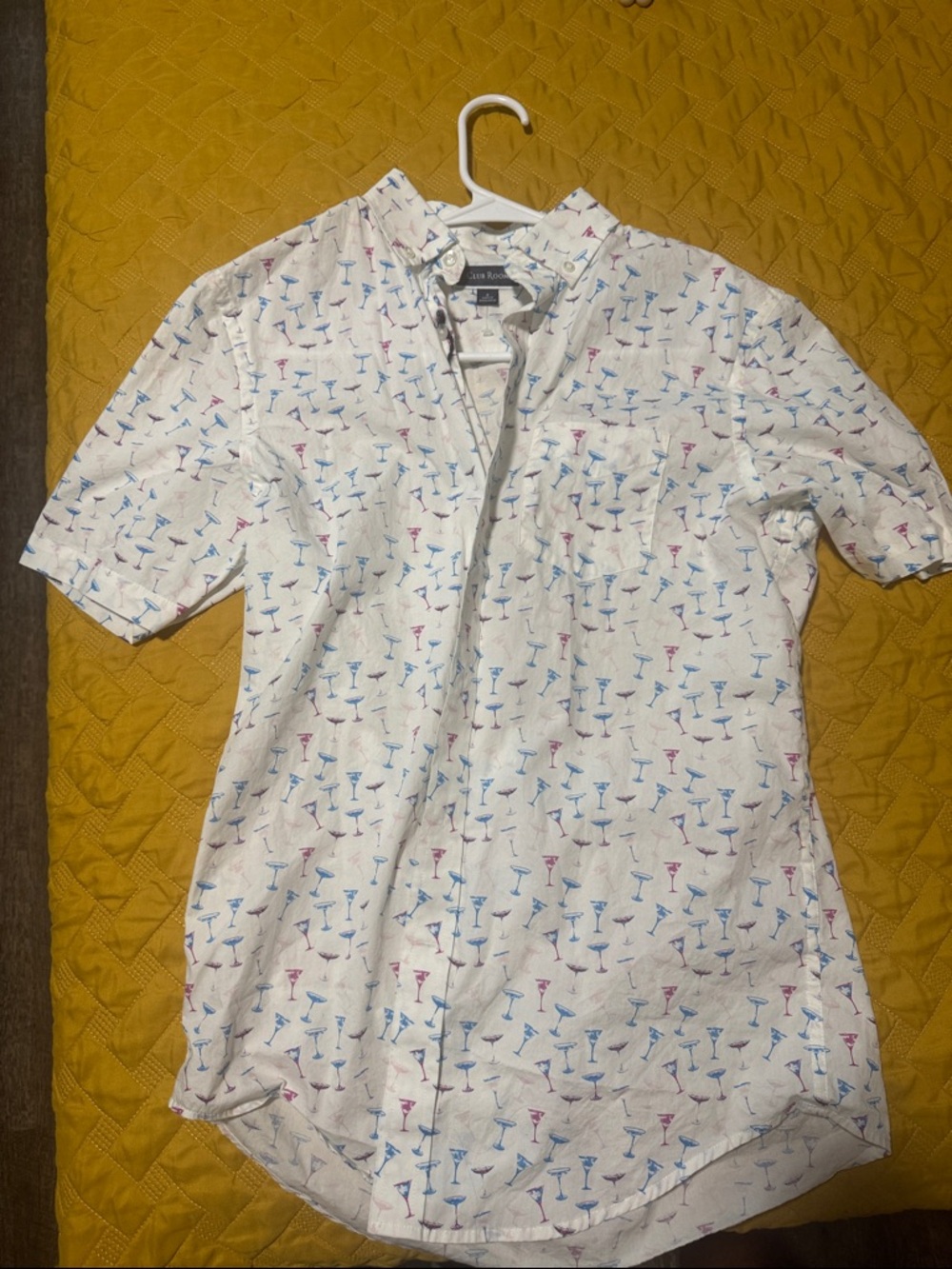 Club Room White Short-Sleeve Button-Down with Blue & Pink Cocktail Print